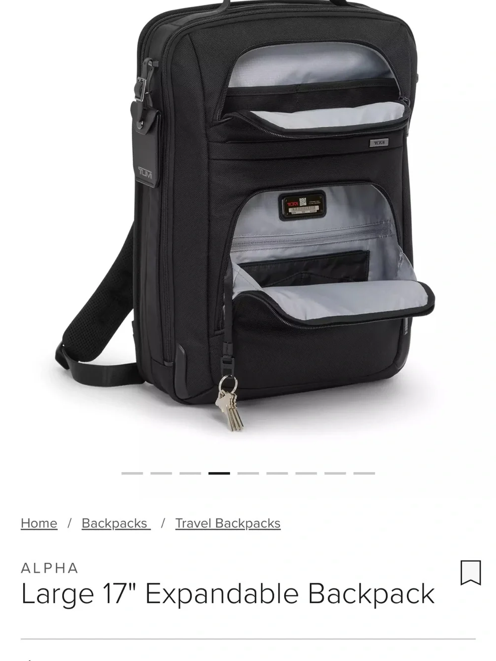 Tumi Black Ballistic Nylon Expandable Backpack with Leather Trim
